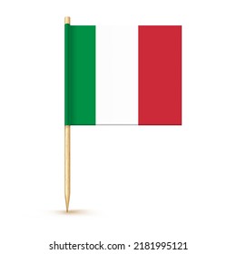 Italy Toothpick Flag Isolated On Wood Stick With White Paper. Realistic Little Tooth Pick For Lunch. Vector Cocktail Decoration.