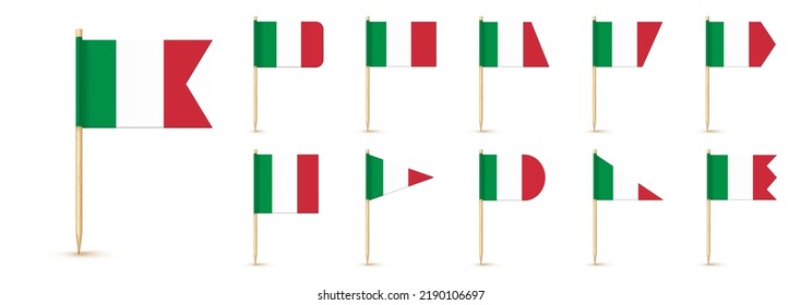 Italy Toothpick Flag Isolated On Wood Stick With White Paper. Realistic Little Tooth Pick For Lunch. Vector Cocktail Decoration.