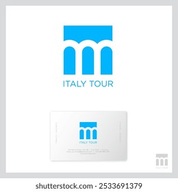 Italy Tour icon. Three arches like aqueduct on a blue background. Ancient Roman icon. 