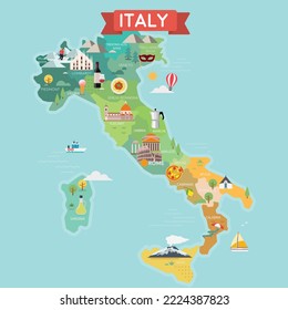 Mapa turístico de Italia con regiones. Lugares turísticos y de viajes.