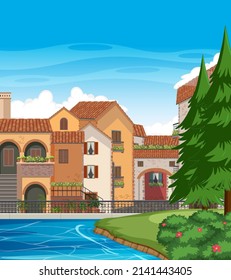 Italy town style house and building landscape  illustration