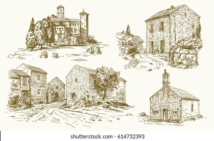 Italy, traditional rural houses. Hand drawn illustration.