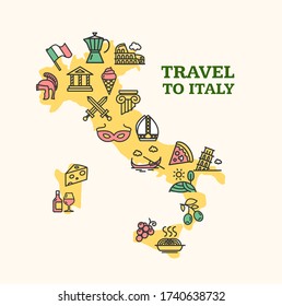 Italy Travel Banner Card with Map and Color Outline Italian Icons. Vector illustration