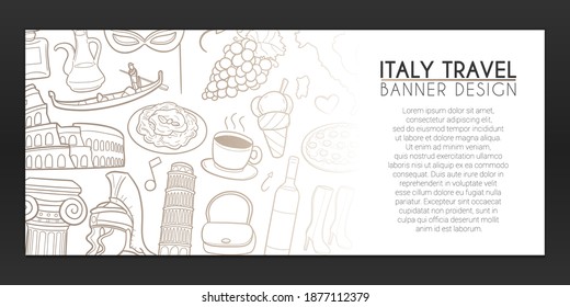 Italy Travel Banner Doodles. Italian Vacations Background Hand drawn. Rome illustration. Tourism Vector Horizontal Design.