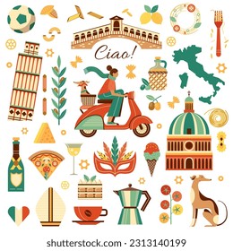 Italy travel cliparts set with woman riding scooter and Italian greyhound in basket. Italian vintage design elements collection of iconic landmarks, traditional food and popular cultural symbols. - Shutterstock ID 2313140199