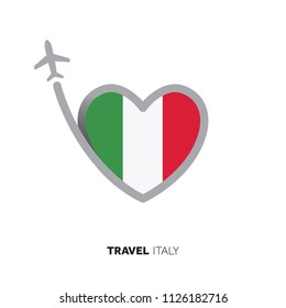 Italy travel concept. Heart shape flag with airplane