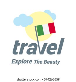 Italy Travel Country Flag Logo. Explore the The Beauty lettering with Sun and Clouds and creative waving flag. travel company logo design - vector illustration