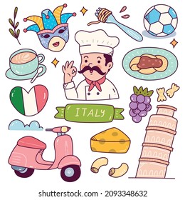 Italy Travel Destination Doodle Set Vector Illustration