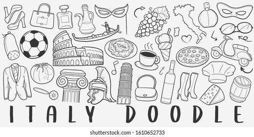 Italy Travel Doodle Line Art Illustration. Hand Drawn Vector Clip Art. Banner Set Logos.