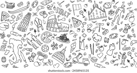 Italy Travel Doodle Line Art Illustration. Hand Drawn Vector Clip Art. background Banner Set Logos