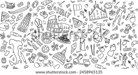 Italy Travel Doodle Line Art Illustration. Hand Drawn Vector Clip Art. background Banner Set Logos