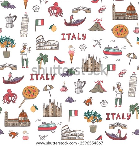 Italy travel doodle seamless pattern. Hand drawn vector illustration.