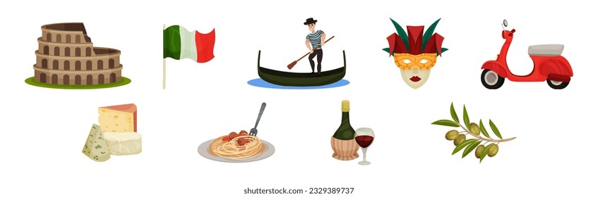 Italy Travel Elements with Colosseum, Gondola, Flag, Venetian Mask, Moped, Cheese, Pasta and Wine Vector Set