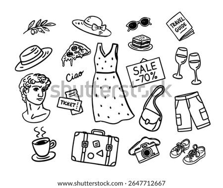 Italy travel elements, hand-drawn black line doodles, vector on white, casual sketch style. Perfect for travel blogs, stickers, planners, posters, social media, print and digital projects.