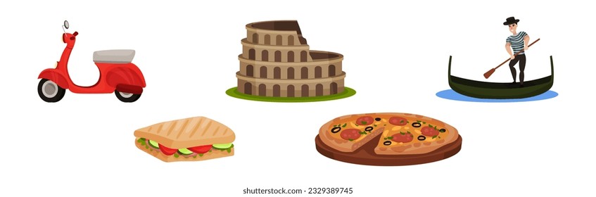 Italy Travel Elements with Moped, Sandwich, Pizza, Colosseum and Man on Gondola Vector Set