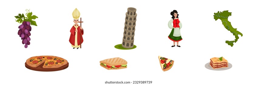 Italy Travel Elements with Pope, Map, Woman in Traditional Dress, Tower of Pisa and Food Vector Set