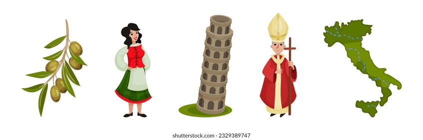 Italy Travel Elements with Pope, Map, Woman in Traditional Dress, Tower of Pisa and Olive Branch Vector Set