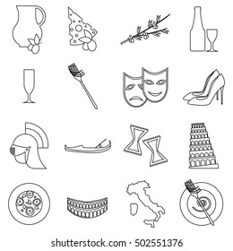 Italy travel icons set. Outline illustration of 16 Italy travel vector icons for web