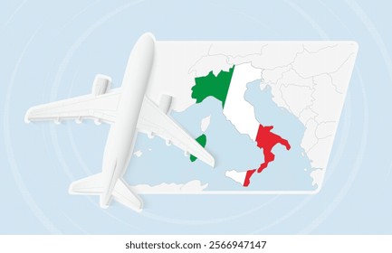 Italy Travel Illustration with Plane and National Flag. Ideal for travel agencies, promotional materials, or geographic content related to Italy.