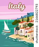 Italy Travel Poster, mediterranean romantic landscape, mountains, seaside town, sailboat, sea. Retro poster