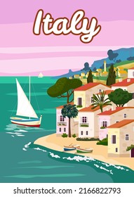 Italy Travel Poster, mediterranean romantic landscape, mountains, seaside town, sailboat, sea. Retro poster