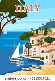 Italy Travel Poster, mediterranean romantic landscape, mountains, seaside town, sailboat, sea. Retro poster svg