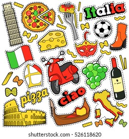 Italy Travel Scrapbook Stickers, Patches, Badges for Prints with Pizza, Venetian Mask, Architecture and Italian Elements. Comic Style Vector Doodle