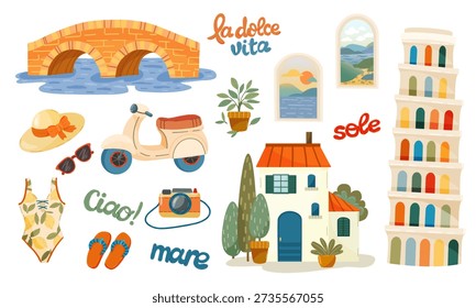 Italy travel and sightseeing vector set with Pisa tower, scooter and villas