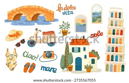 Italy travel and sightseeing vector set with Pisa tower, scooter and villas