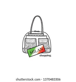 Italy travel sign. Milan city shopping label. Shop bag italian symbol. Fashion icon. 