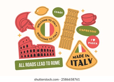 Italy travel stickers elements collection in flat style