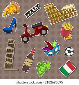 Italy Travel Stickers.  Symbol, Landmark, Food, Drink. Doodle Vector Illustration.