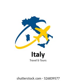 Italy Travel and Tours logo. Vector travel company logo design - Country map Leisure travel logo template. Tourism emblem, leisure center - vector illustration