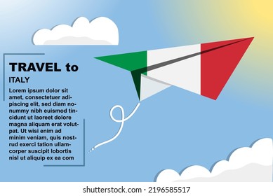 Italy travel vector banner with paper flag and text space, Italy country flag on paper plane, holiday and vacation concept, summer travel template and pattern, flight ticket idea