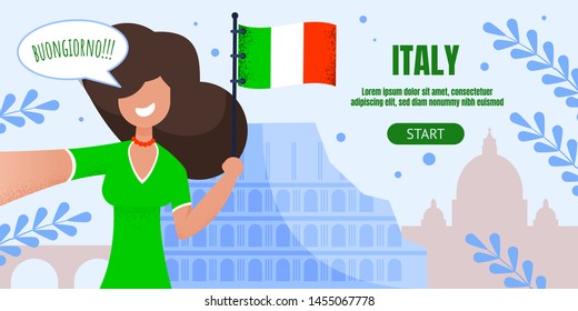 Italy Traveling Advertising Flat Landing Page. Travel and Tourism. Cartoon Happy Woman Tourist Taking Selfie with National Flag and Famous Landmark. Vector Attractions Layout Illustration