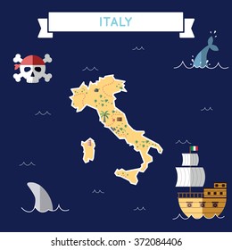Italy treasure map in flat design. Colorful cartoon treasure map of Italy with flat design icons of pirate ship and jolly roger. Italy flat design vector illustration.