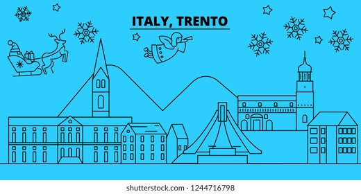 Italy, Trento winter holidays skyline. Merry Christmas, Happy New Year decorated banner with Santa Claus.Italy, Trento linear christmas city vector flat illustration