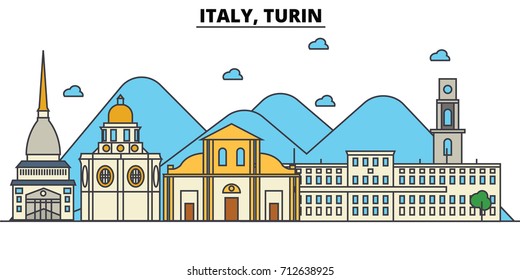 Italy, Turin. City skyline: architecture, buildings, streets, silhouette, landscape, panorama, landmarks. Editable strokes. Flat design line vector illustration concept. Isolated icons set