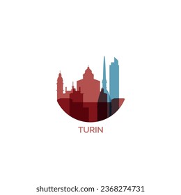 Italy Turin cityscape skyline city panorama vector flat modern logo icon. Piedmont Torino region emblem idea with landmarks and building silhouettes