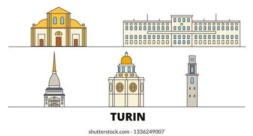 Italien, Turin flache Wahrzeichen, Vektorgrafik. Italien, Turiner Linie Stadt mit berühmten Sehenswürdigkeiten, Design Skyline. 