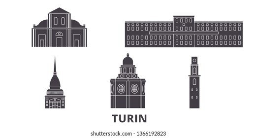 Italy, Turin flat travel skyline set. Italy, Turin black city vector illustration, symbol, travel sights, landmarks.