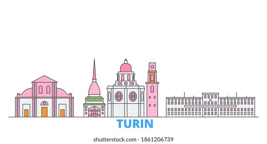 Italy, Turin line cityscape, flat vector. Travel city landmark, outline illustration, line world icons