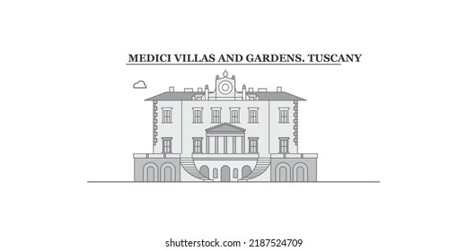 Italy, Tuscany, Medici Villas And Gardens city skyline isolated vector illustration, icons