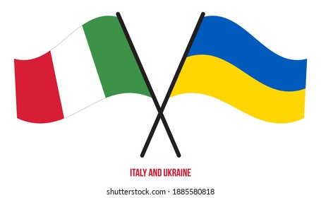 Italy and Ukraine Flags Crossed And Waving Flat Style. Official Proportion. Correct Colors.