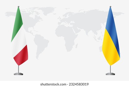 Italy and Ukraine flags for official meeting against background of world map.