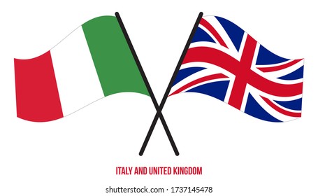Italy and United Kingdom Flags Crossed And Waving Flat Style. Official Proportion. Correct Colors.