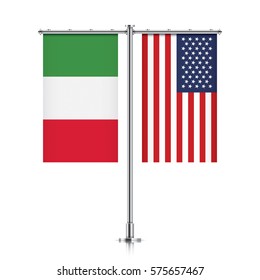 Italy and United States vector banner flags, hanging side by side on a silver metallic poles. Italy and USA friendship concept.