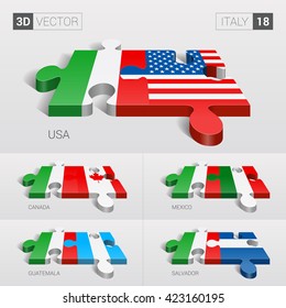 Italy and USA, Canada, Mexico, Guatemala, Salvador Flag. 3d vector puzzle. Set 18.