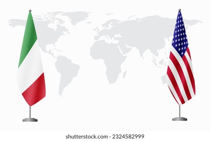 Italy and USA flags for official meeting against background of world map.