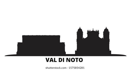 Italy, Val Di Noto city skyline isolated vector illustration. Italy, Val Di Noto travel black cityscape